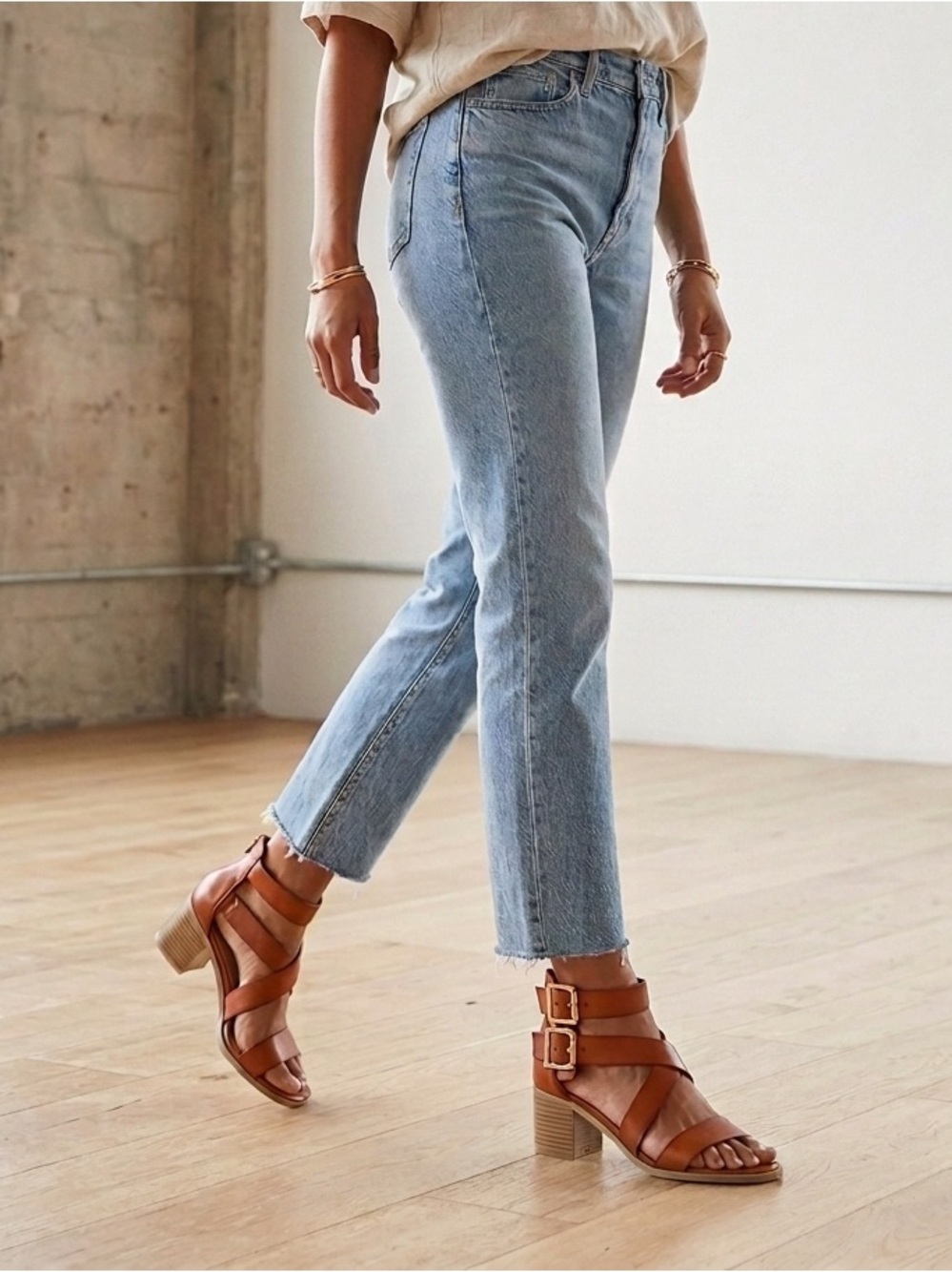 Women's Tan Strappy Block Heel Sandals